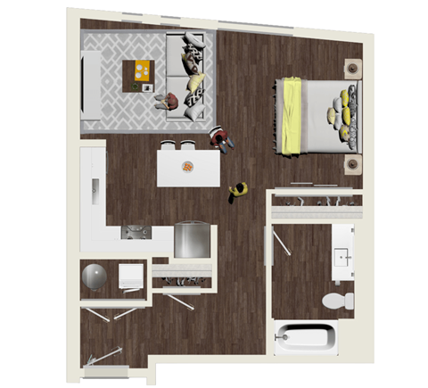 Floor plan for studio, 1 bath, 657 sqft